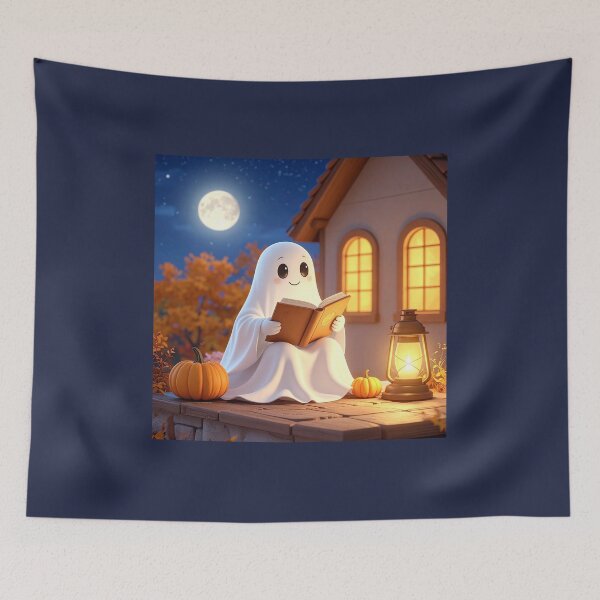 Item preview, Cute Ghost Reading a Book on a Rooftop Under the Moon designed and sold by OksArtStudio.