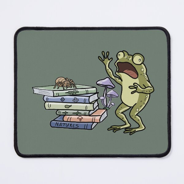 Item preview, Frog Shocked by Spider on Bookstack Cottagecore Art Print designed and sold by LeshanArt.