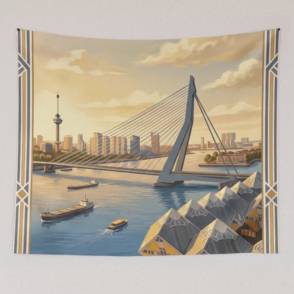 Item preview, Rotterdam Netherlands Vintage Travel Poster – Erasmus Bridge & Cube Houses Art designed and sold by Bomax121.