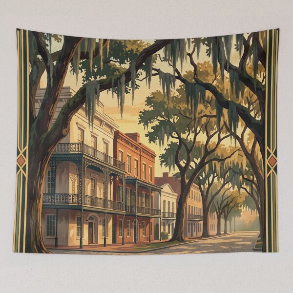 Item preview, Savannah Georgia Vintage Travel Poster – Historic District & Spanish Moss Art designed and sold by Bomax121.