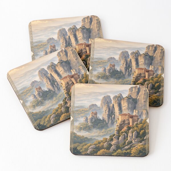Item preview, Póster de viaje vintage de Meteora, Grecia: monasterios en acantilados y arte en pilares de roca. designed and sold by Bomax121.