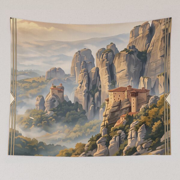 Item preview, Meteora Greece Vintage Travel Poster – Cliff Monasteries & Rock Pillars Art designed and sold by Bomax121.