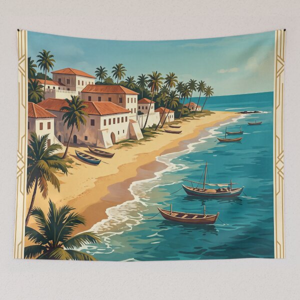 Item preview, Accra Ghana Vintage Travel Poster – Osu Castle & Gulf of Guinea Coast Art designed and sold by Bomax121.