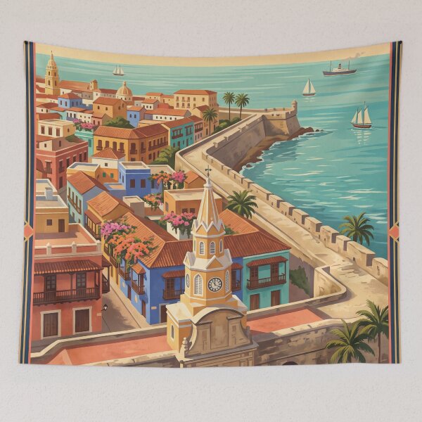 Item preview, Cartagena Colombia Vintage Travel Poster – Clock Tower & Walled City Art designed and sold by Bomax121.
