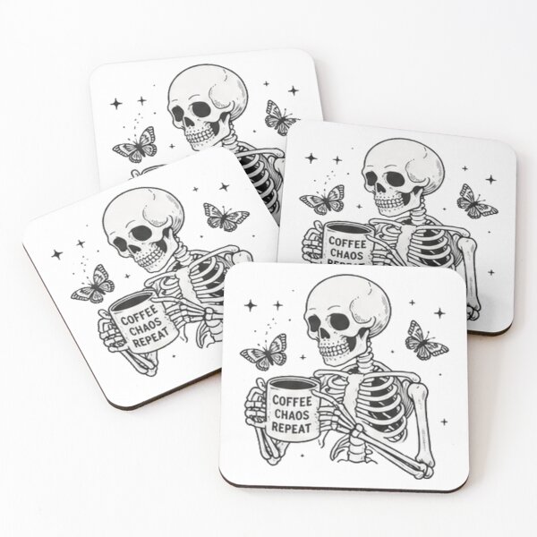 Item preview, Coffee Chaos Repeat Skeleton Butterfly Line Art Spooky Aesthetic designed and sold by Rehnair.