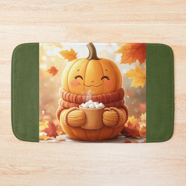 Item preview, Cute Pumpkin Drinking Marshmallow Coffee with Falling Maple Leaves designed and sold by OksArtStudio.