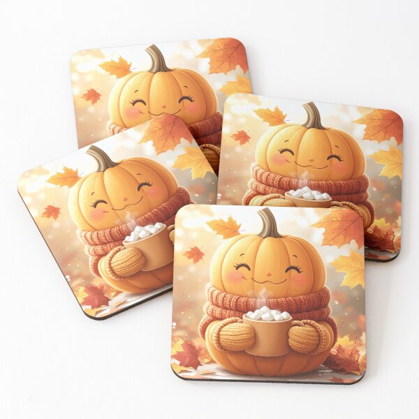 Item preview, Cute Pumpkin Drinking Marshmallow Coffee with Falling Maple Leaves designed and sold by OksArtStudio.