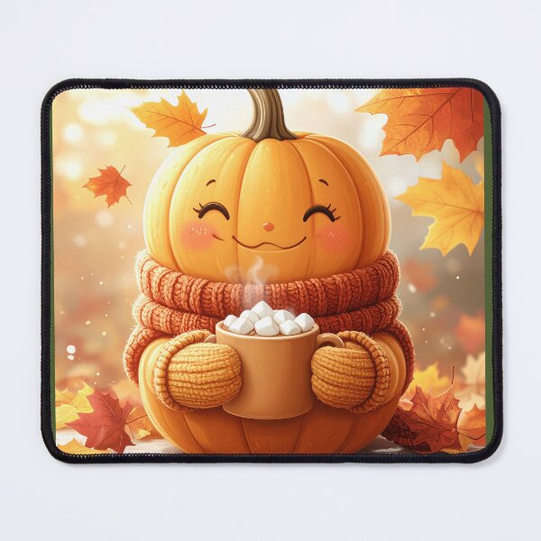 Item preview, Cute Pumpkin Drinking Marshmallow Coffee with Falling Maple Leaves designed and sold by OksArtStudio.