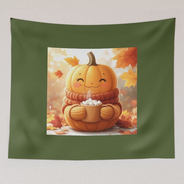 Item preview, Cute Pumpkin Drinking Marshmallow Coffee with Falling Maple Leaves designed and sold by OksArtStudio.