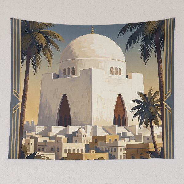 Item preview, Karachi Pakistan Vintage Travel Poster – Mazar-e-Quaid & White Marble Landmark Art designed and sold by Bomax121.