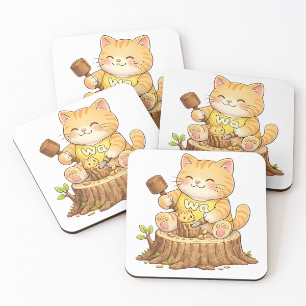 Item preview, Kawaii Orange Cat Carving a Wooden Toy Cute Artisan Design designed and sold by Wawa5656.