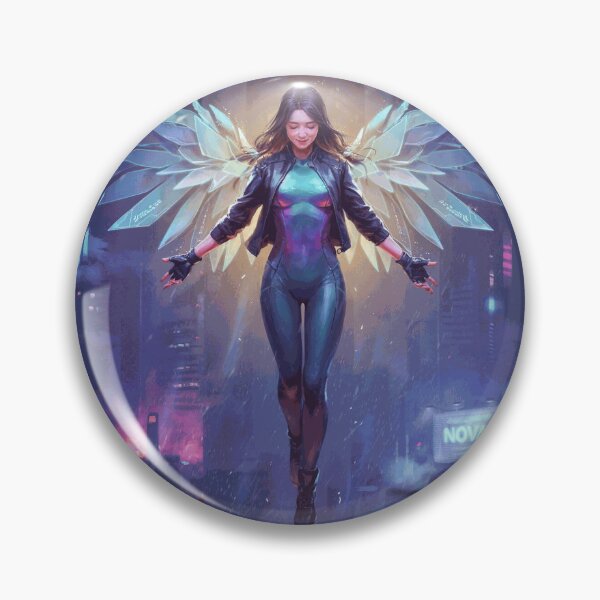 Item preview, Ascension Over Meridian City – Cyberpunk Winged Guardian designed and sold by BrunoValcazar.