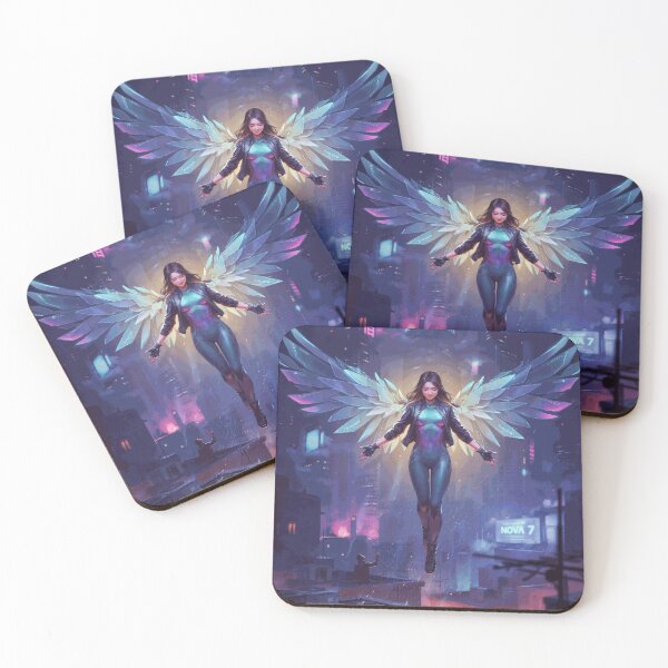 Item preview, Ascension Over Meridian City – Cyberpunk Winged Guardian designed and sold by BrunoValcazar.