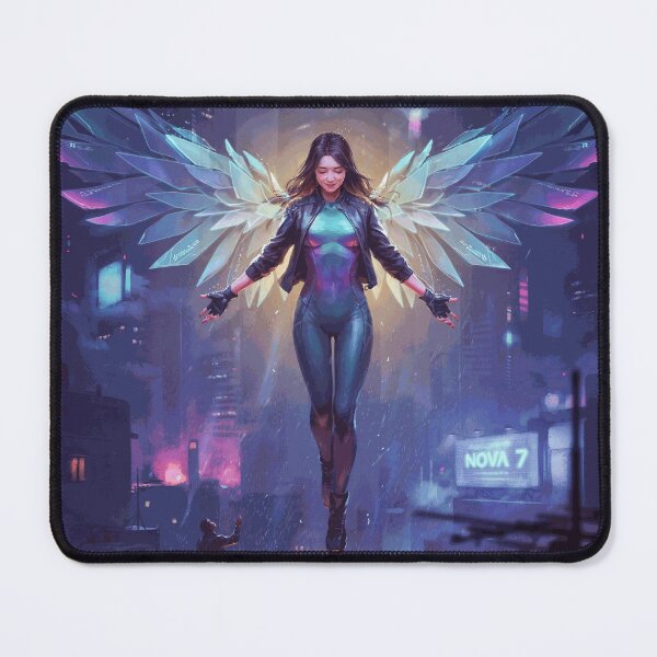 Item preview, Ascension Over Meridian City – Cyberpunk Winged Guardian designed and sold by BrunoValcazar.