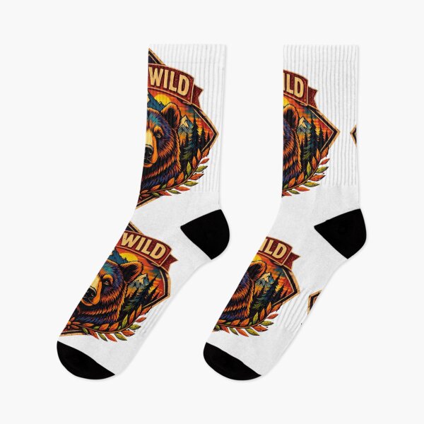 Item preview, Vibrant Retro "Stay Wild" Grizzly Bear Mountain Badge Illustration designed and sold by GabeMountainArt.