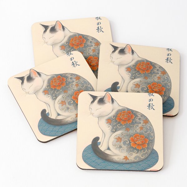 Item preview, Sleeping Japanese Tattoo Cat with Chrysanthemums designed and sold by Shintiadevi.