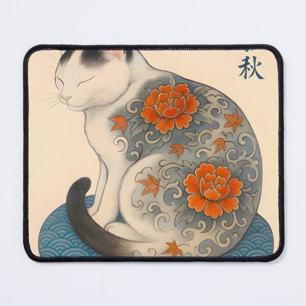 Item preview, Sleeping Japanese Tattoo Cat with Chrysanthemums designed and sold by Shintiadevi.