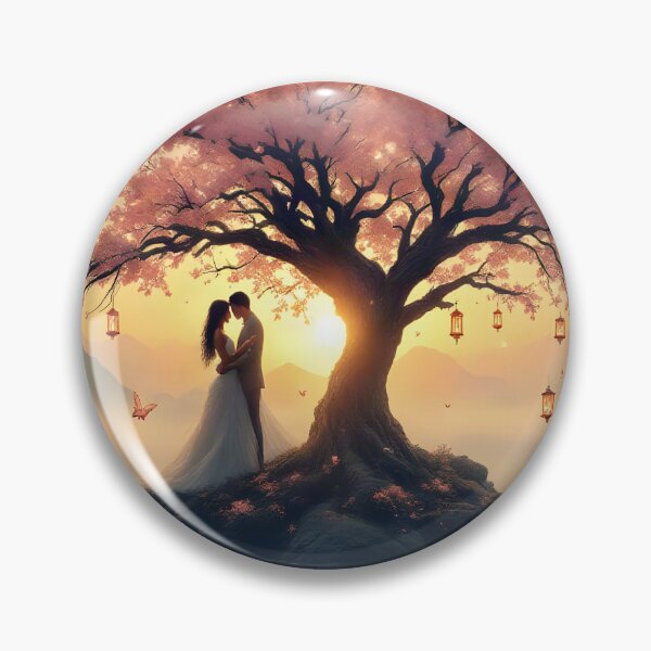 Item preview, Eternal Sakura Love Tree at Sunset | Romantic Fantasy Landscape | Cherry Blossom Wall Art designed and sold by DreamyWallVibes.