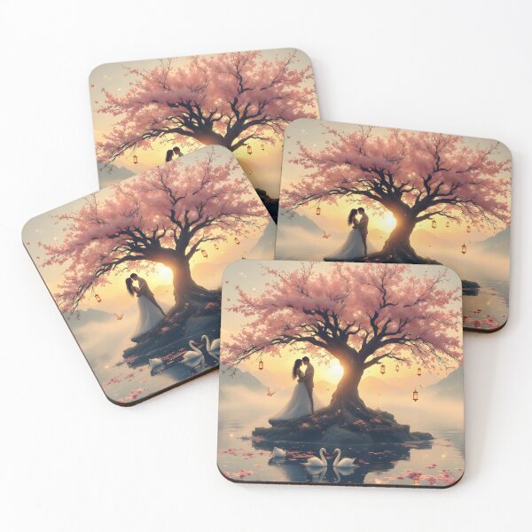 Item preview, Eternal Sakura Love Tree at Sunset | Romantic Fantasy Landscape | Cherry Blossom Wall Art designed and sold by DreamyWallVibes.