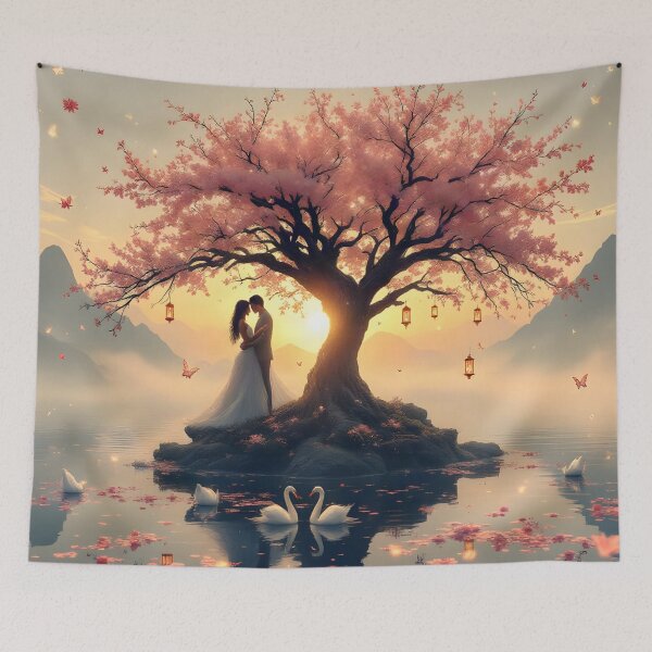 Item preview, Eternal Sakura Love Tree at Sunset | Romantic Fantasy Landscape | Cherry Blossom Wall Art designed and sold by DreamyWallVibes.