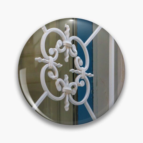 Item preview, White Ornate Wrought Iron Window Grille On Blue Door Frame Decorative Architectural Detail designed and sold by Nmallia.