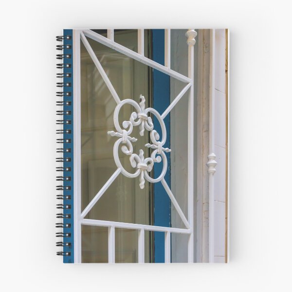 Item preview, White Ornate Wrought Iron Window Grille On Blue Door Frame Decorative Architectural Detail designed and sold by Nmallia.