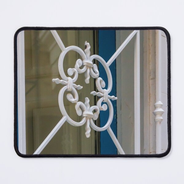 Item preview, White Ornate Wrought Iron Window Grille On Blue Door Frame Decorative Architectural Detail designed and sold by Nmallia.