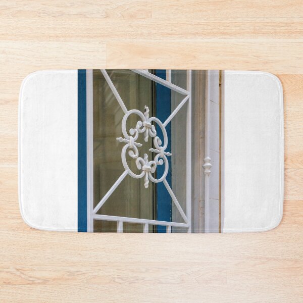 Item preview, White Ornate Wrought Iron Window Grille On Blue Door Frame Decorative Architectural Detail designed and sold by Nmallia.