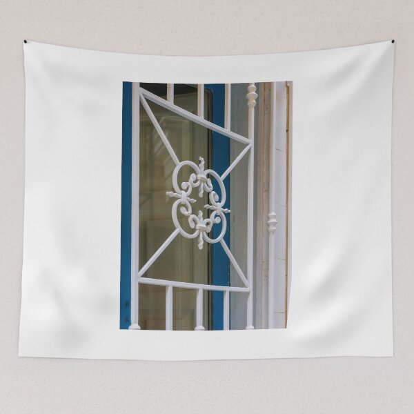 Item preview, White Ornate Wrought Iron Window Grille On Blue Door Frame Decorative Architectural Detail designed and sold by Nmallia.