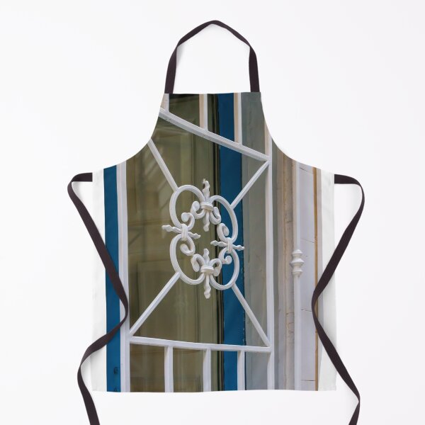 Item preview, White Ornate Wrought Iron Window Grille On Blue Door Frame Decorative Architectural Detail designed and sold by Nmallia.