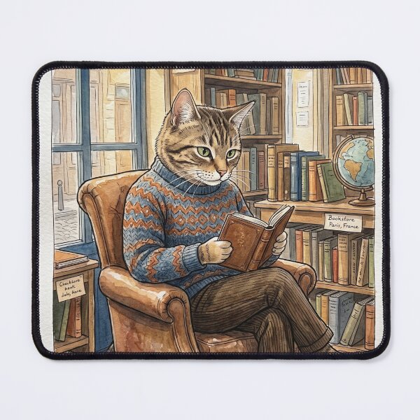 Item preview, Cat reading a book in a cozy Paris bookstore, watercolor designed and sold by TheCoolCatsMx.