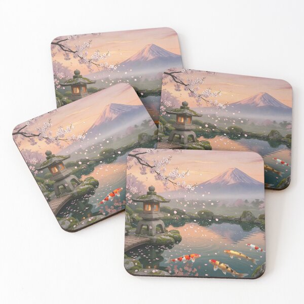 Item preview, Koi Pond and Mount Fuji | Japanese Garden Sakura | Peaceful Zen Landscape Art designed and sold by DreamyWallVibes.