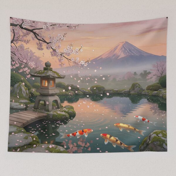 Item preview, Koi Pond and Mount Fuji | Japanese Garden Sakura | Peaceful Zen Landscape Art designed and sold by DreamyWallVibes.