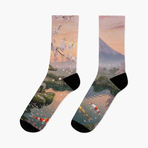 Item preview, Koi Pond and Mount Fuji | Japanese Garden Sakura | Peaceful Zen Landscape Art designed and sold by DreamyWallVibes.