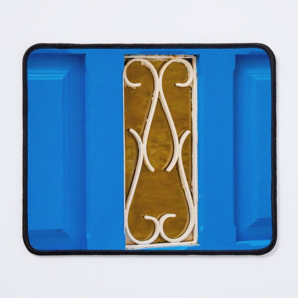 Item preview, Bright Blue Painted Door With White Ornamental Grille And Twisted Handle Close-Up designed and sold by Nmallia.