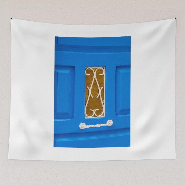 Item preview, Bright Blue Painted Door With White Ornamental Grille And Twisted Handle Close-Up designed and sold by Nmallia.