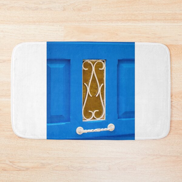 Item preview, Bright Blue Painted Door With White Ornamental Grille And Twisted Handle Close-Up designed and sold by Nmallia.