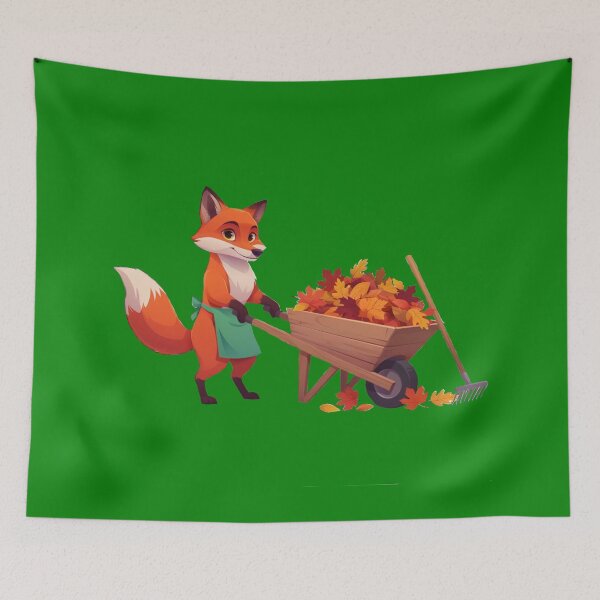 Item preview, Cute Fox Raking Leaves Fall Gardening Autumn Wheelbarrow Art designed and sold by Evelashop.