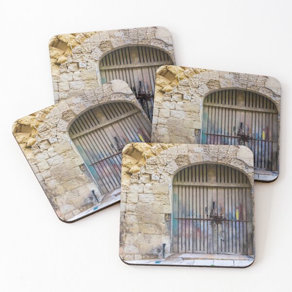 Item preview, Weathered Wooden Gate In Arched Stone Wall Of Historic Mediterranean Alleyway designed and sold by Nmallia.