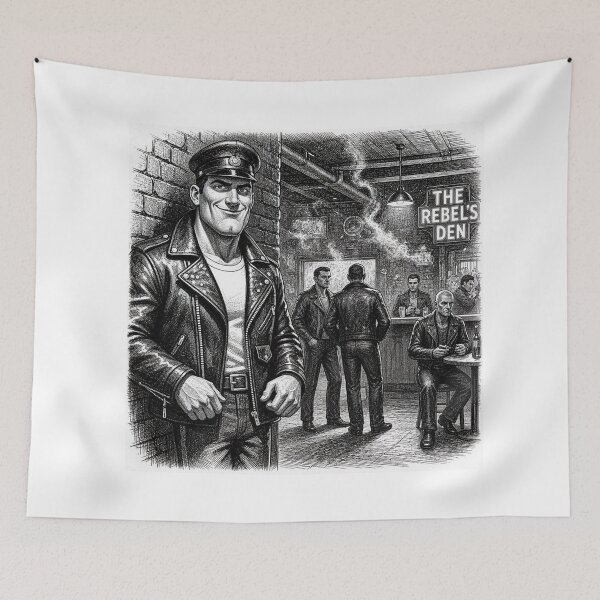 Item preview, Gay Leather Daddy Rebel's Den Pen & Ink Gay Biker Art Design designed and sold by ItsAKinkThing.