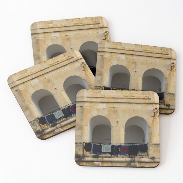 Item preview, Colorful Laundry Hanging On Stone Balcony Under Arched Mediterranean Shuttered Windows designed and sold by Nmallia.