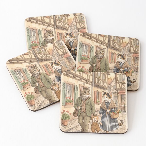 Item preview, Watercolor illustration of a family of cats strolling through a cozy village designed and sold by TheCoolCatsMx.