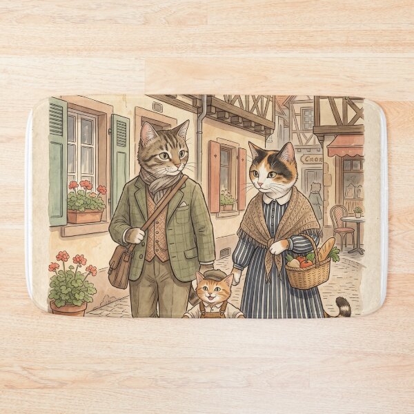 Item preview, Watercolor illustration of a family of cats strolling through a cozy village designed and sold by TheCoolCatsMx.