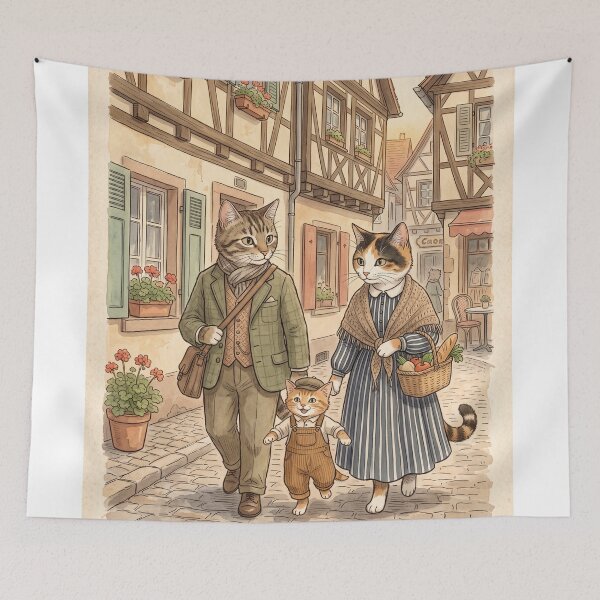 Item preview, Watercolor illustration of a family of cats strolling through a cozy village designed and sold by TheCoolCatsMx.