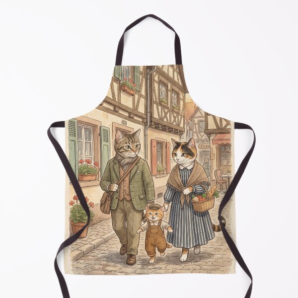 Item preview, Watercolor illustration of a family of cats strolling through a cozy village designed and sold by TheCoolCatsMx.