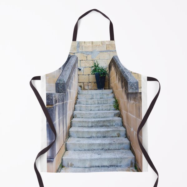 Item preview, Stone Staircase With Potted Plant Against Weathered Limestone Wall Leading Up Between Parapets designed and sold by Nmallia.