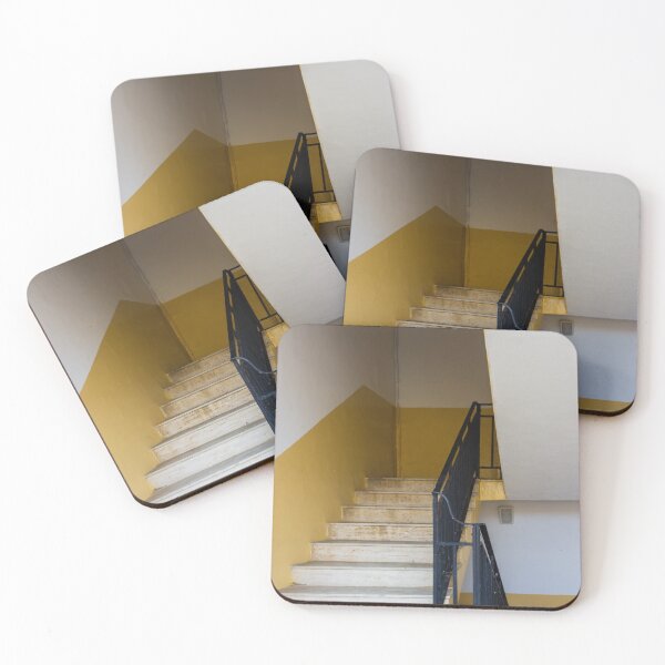Item preview, Empty Yellow Stairwell With Worn Stone Steps And Black Metal Railing In Apartment Building designed and sold by Nmallia.