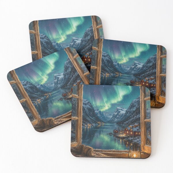Item preview, Window to the Norwegian Fjords | Aurora Borealis Oil Painting | Scenic Window Wall Art designed and sold by Ada’s Mystic Atelier .