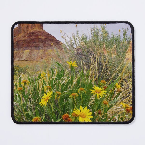 Item preview, Wild yellow desert flowers bloom beneath towering red rock formations in the American Southwest. designed and sold by Kabbrisons.