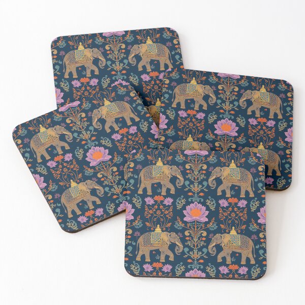 Item preview, Ornate Caparisoned Elephant and Jewel Lotus Motif Seamless Pattern on Deep Indigo Blue designed and sold by NarinJintana.